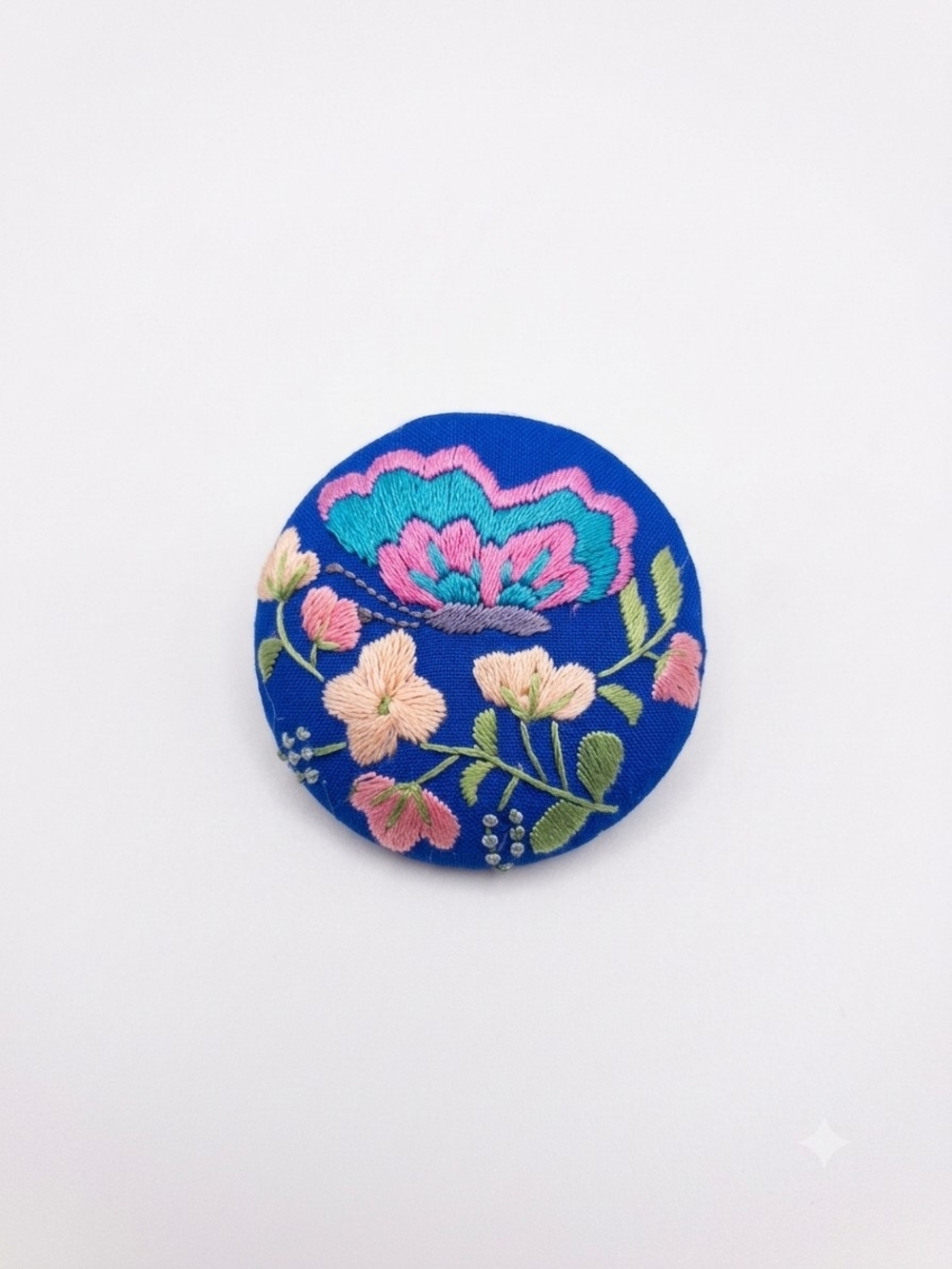 Vintage Embroidered Blue Floral Fabric Brooch